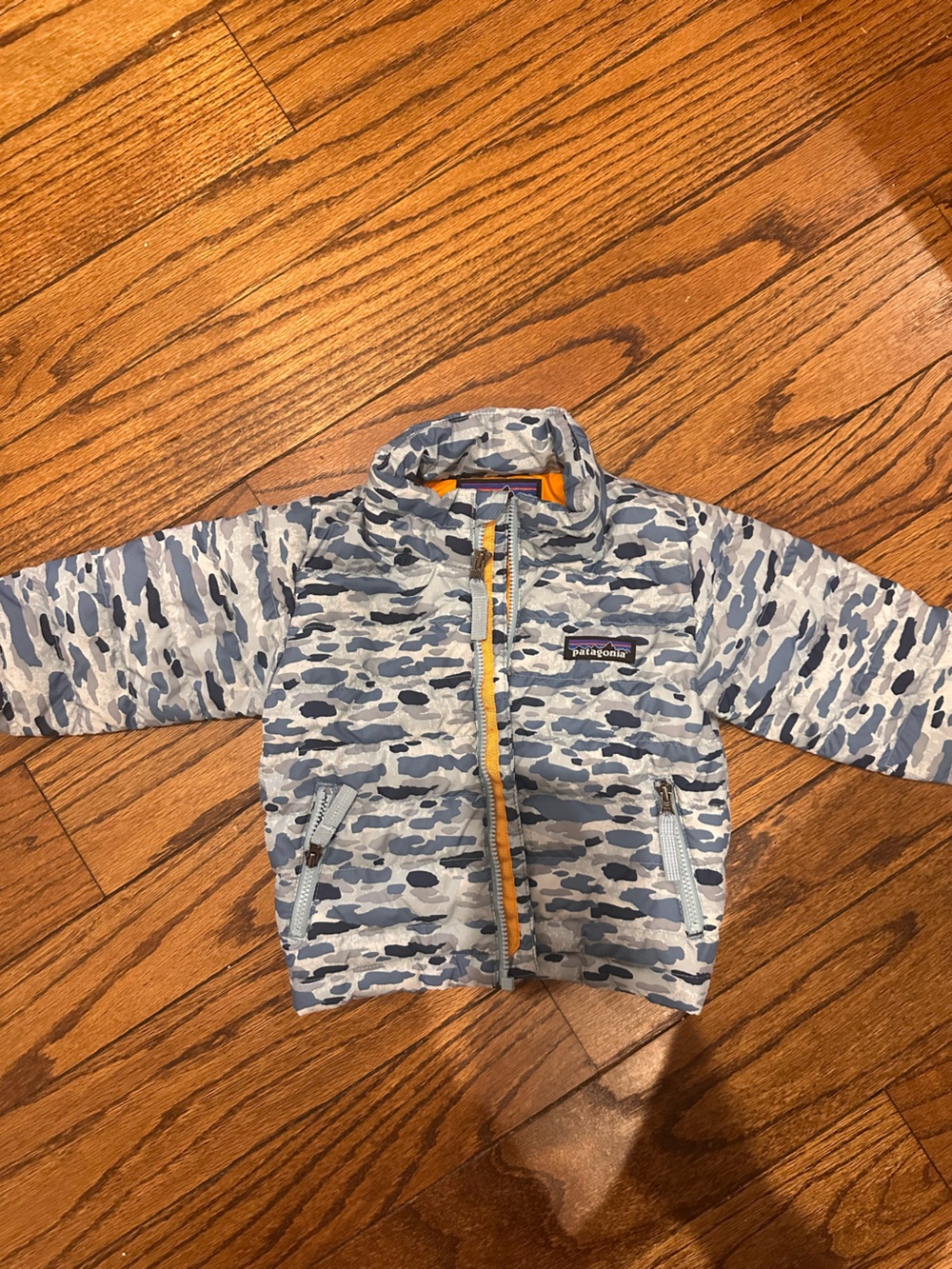 Patagonia Kids Light Blue & Navy Camo Puffer Jacket with Orange Trim